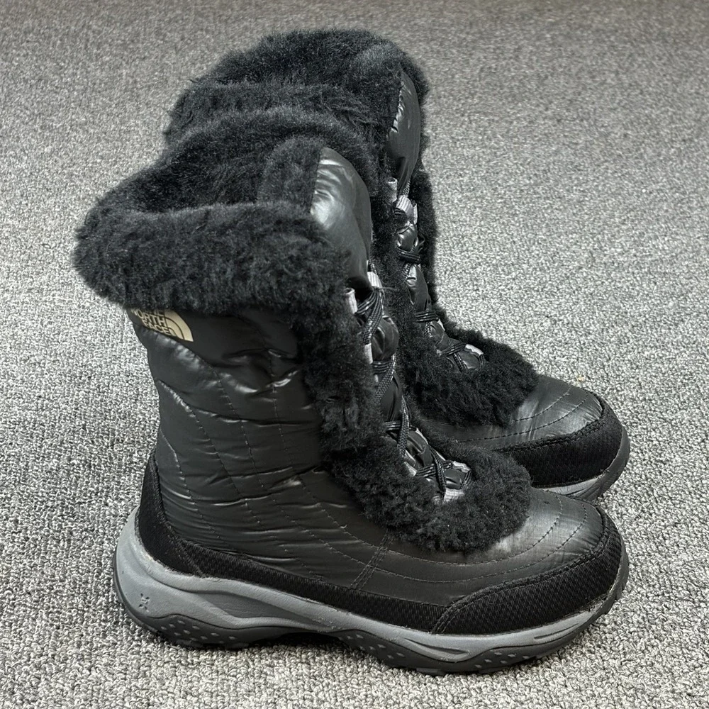 The North Face Nuptse Fur Winter Snow Boots Black Girls Youth Size 2 Insulated